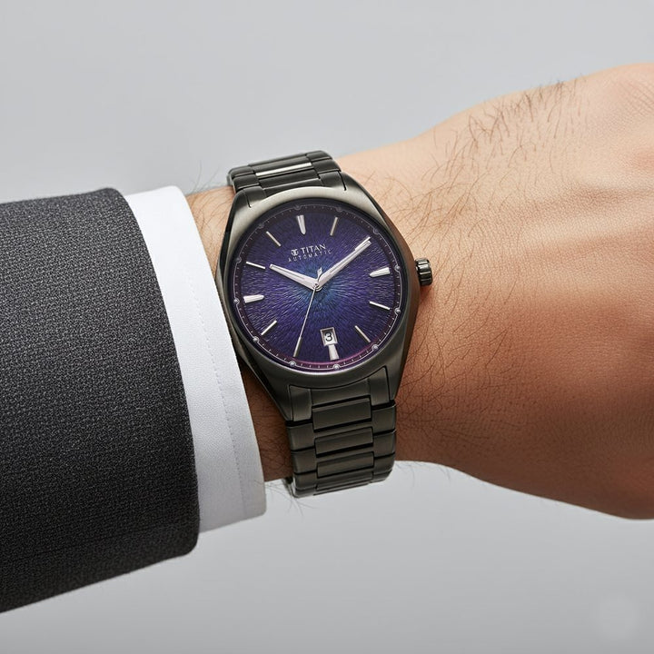 Titan Stellar Starlight Automatic 41.8mm Violet Dial Gunmetal Stainless Steel Bracelet Men&