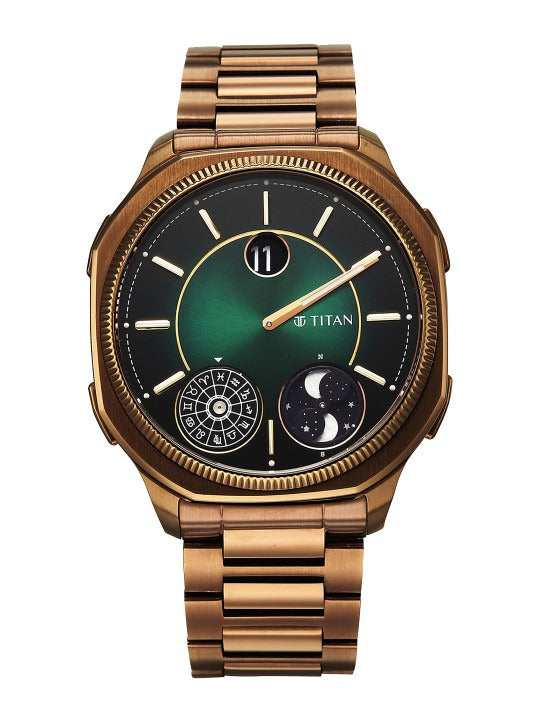 Titan Stellar Zodiac 42mm Green Dial Moonphase Jumping Hour Sapphire Crystal Bronze Stainless Steel Bracelet Men&