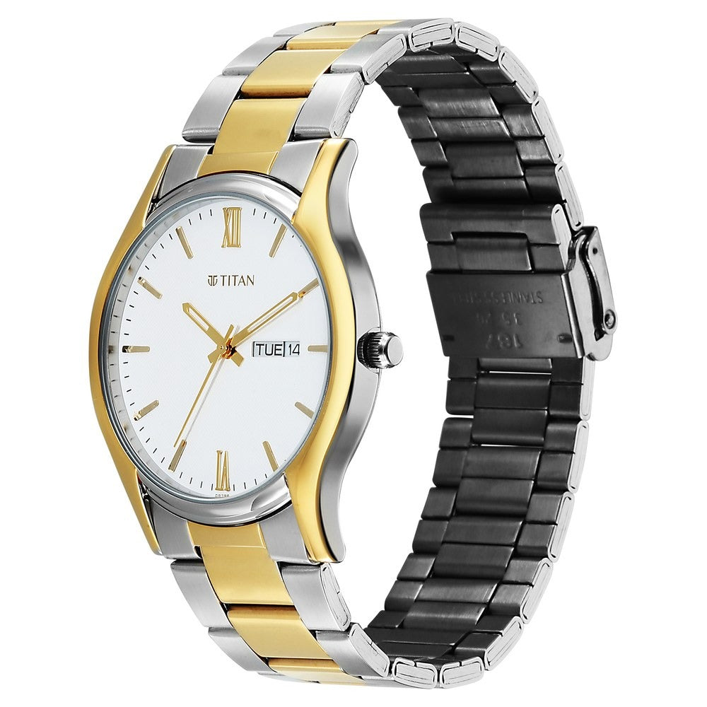 Titan Karishma Regal Classic 40mm Silver Dial Day Date Dual-Tone Stainless Steel Bracelet Men&