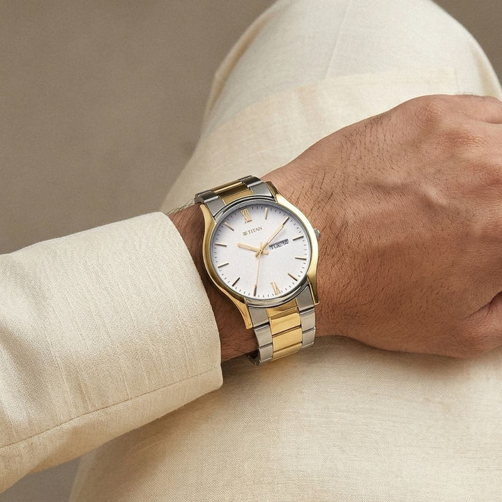 Titan Karishma Regal Classic 40mm Silver Dial Day Date Dual-Tone Stainless Steel Bracelet Men&