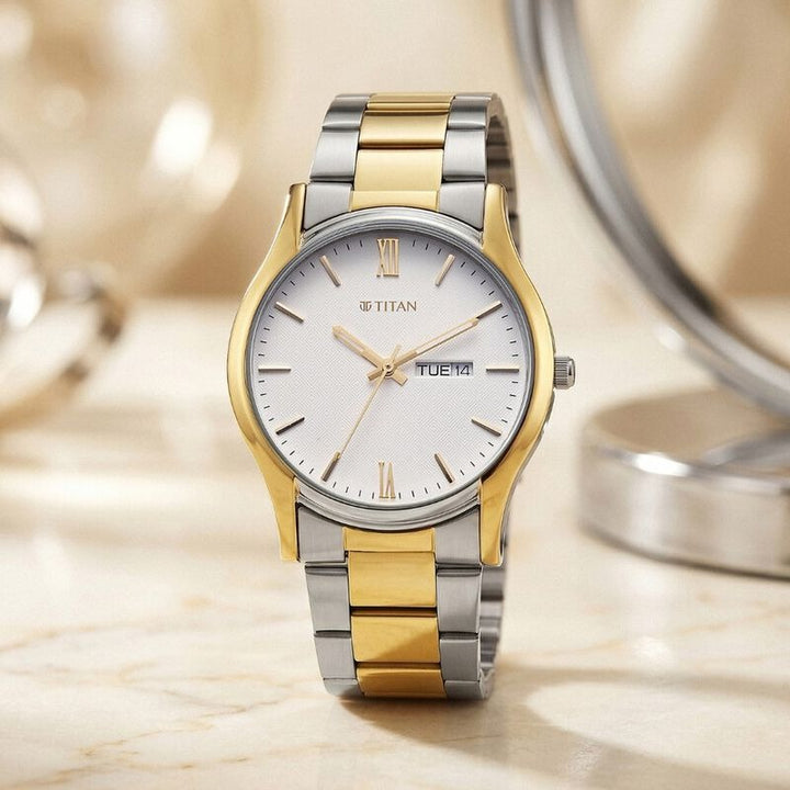 Titan Karishma Regal Classic 40mm Silver Dial Day Date Dual-Tone Stainless Steel Bracelet Men&