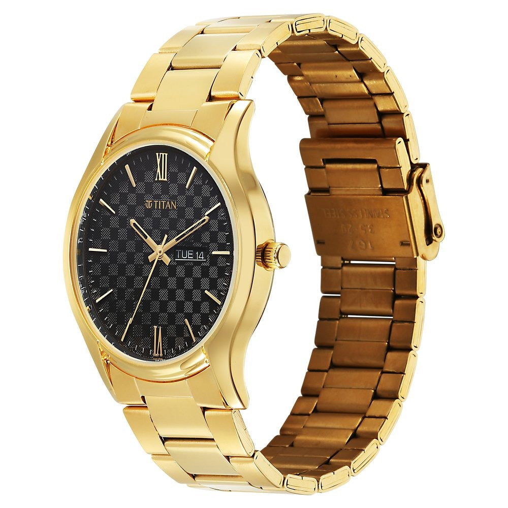 Titan Karishma Regal Classic 40mm Black Dial Day Date Gold Stainless Steel Bracelet Men&