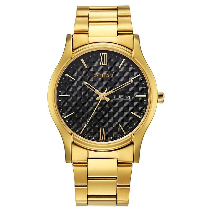 Titan Karishma Regal Classic 40mm Black Dial Day Date Gold Stainless Steel Bracelet Men&