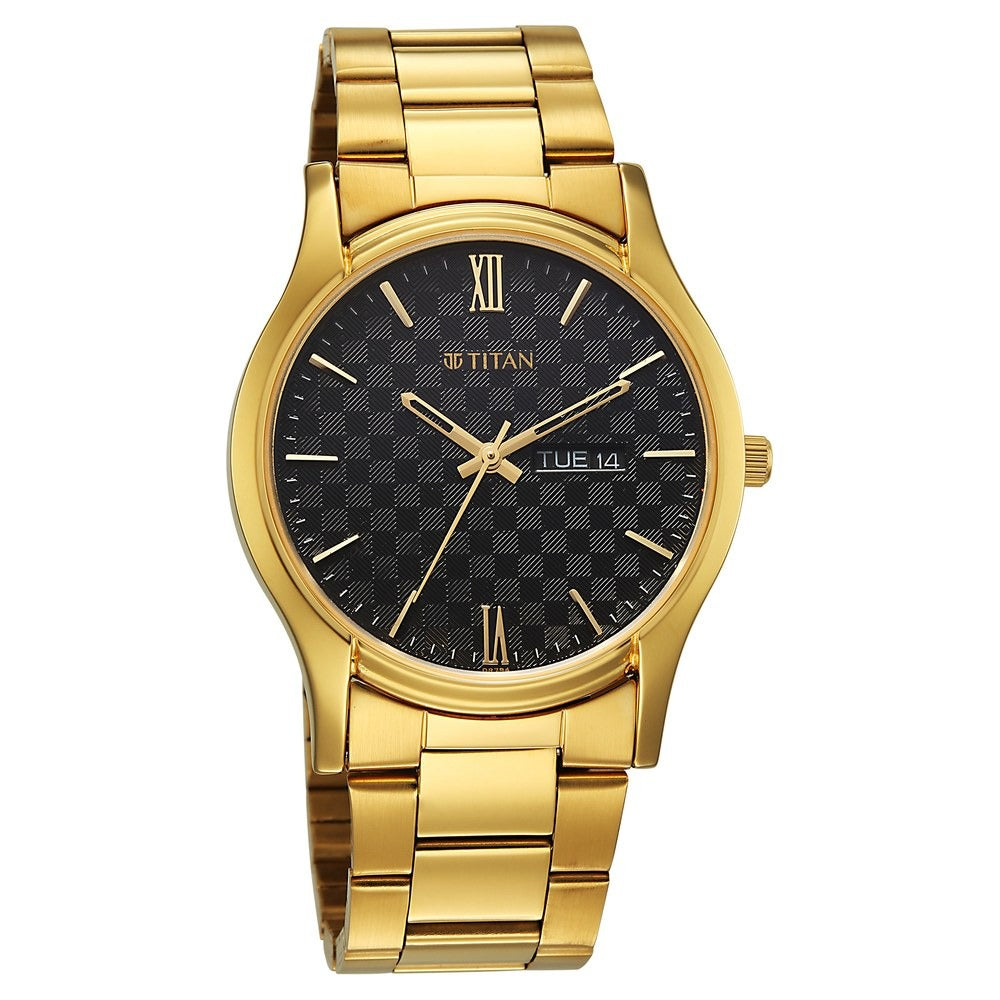 Titan Karishma Regal Classic 40mm Black Dial Day Date Gold Stainless Steel Bracelet Men&