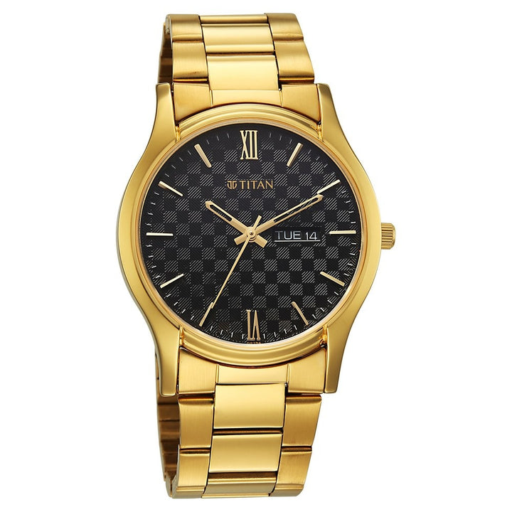 Titan Karishma Regal Classic 40mm Black Dial Day Date Gold Stainless Steel Bracelet Men&