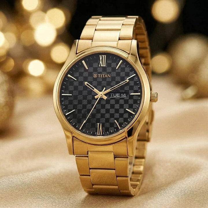 Titan Karishma Regal Classic 40mm Black Dial Day Date Gold Stainless Steel Bracelet Men&