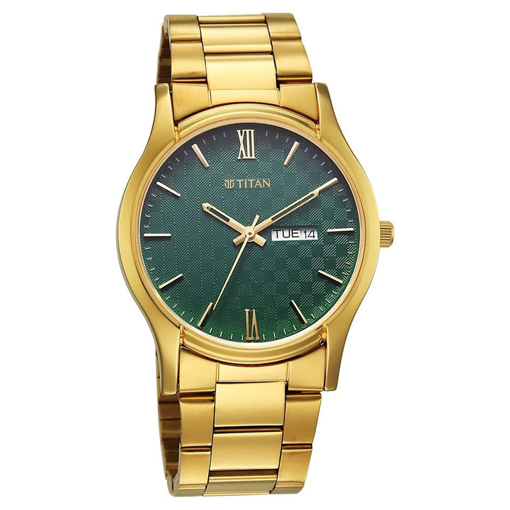Titan Karishma Regal Classic 40mm Green Dial Day Date Gold Stainless Steel Bracelet Men&