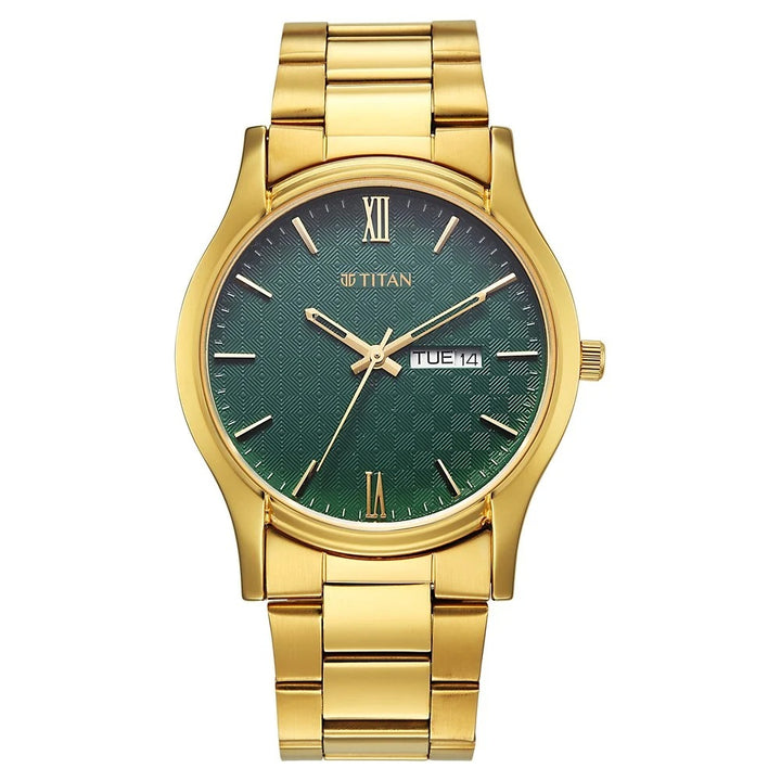 Titan Karishma Regal Classic 40mm Green Dial Day Date Gold Stainless Steel Bracelet Men&