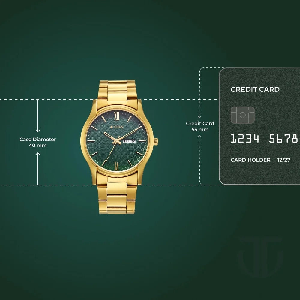 Titan Karishma Regal Classic 40mm Green Dial Day Date Gold Stainless Steel Bracelet Men&