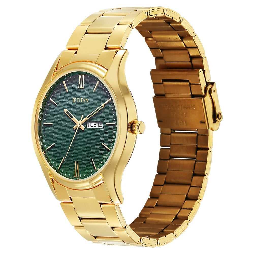 Titan Karishma Regal Classic 40mm Green Dial Day Date Gold Stainless Steel Bracelet Men&