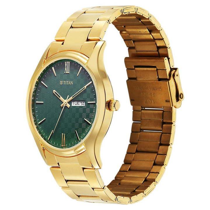 Titan Karishma Regal Classic 40mm Green Dial Day Date Gold Stainless Steel Bracelet Men&