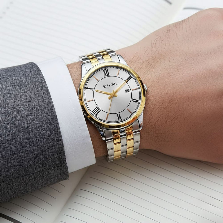 Titan Karishma Festive 42mm Silver Roman Numeral Dial Date Dual-Tone Stainless Steel Bracelet Men&