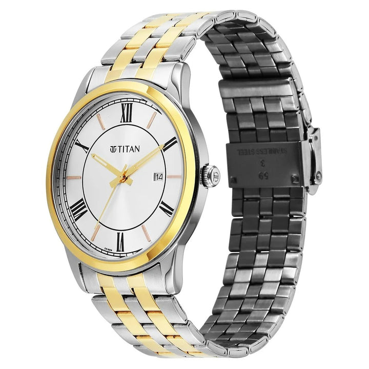 Titan Karishma Festive 42mm Silver Roman Numeral Dial Date Dual-Tone Stainless Steel Bracelet Men&