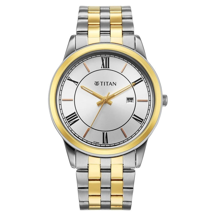 Titan Karishma Festive 42mm Silver Roman Numeral Dial Date Dual-Tone Stainless Steel Bracelet Men&