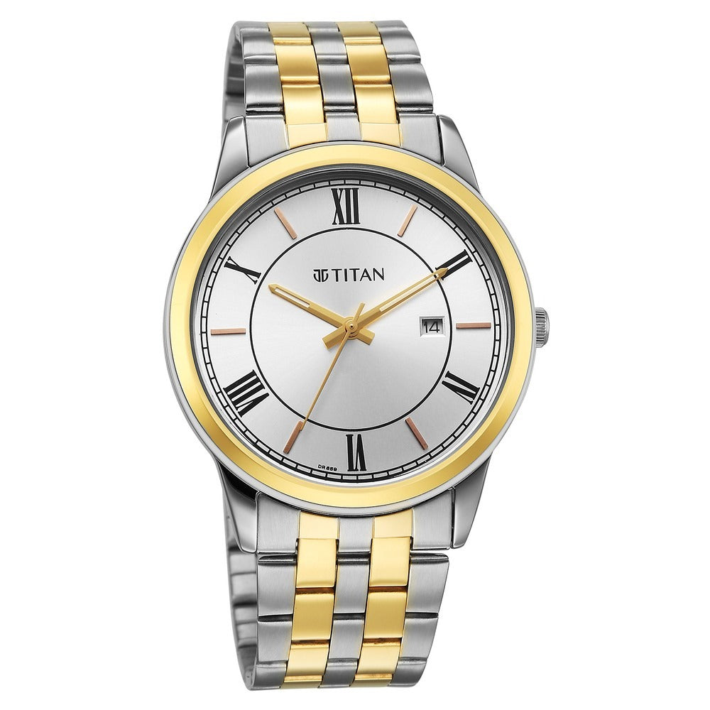 Titan Karishma Festive 42mm Silver Roman Numeral Dial Date Dual-Tone Stainless Steel Bracelet Men&