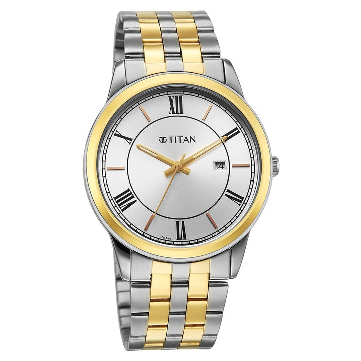 Titan Karishma Festive 42mm Silver Roman Numeral Dial Date Dual-Tone Stainless Steel Bracelet Men&