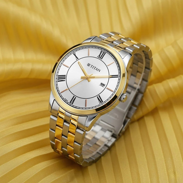 Titan Karishma Festive 42mm Silver Roman Numeral Dial Date Dual-Tone Stainless Steel Bracelet Men&