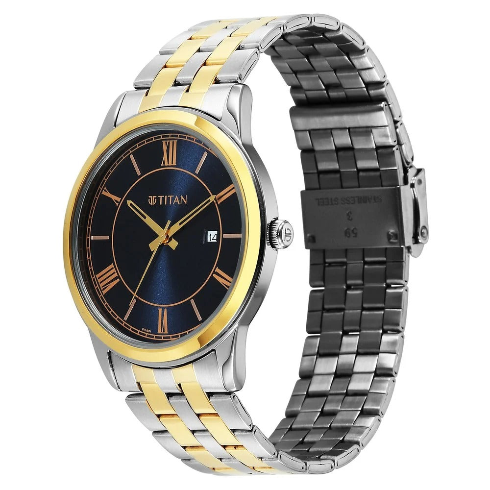 Titan Karishma Festive 42mm Royal Blue Dial Roman Numerals Date Dual-Tone Stainless Steel Bracelet Men&