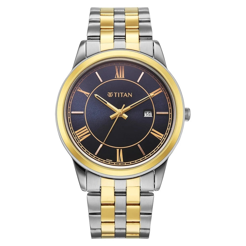 Titan Karishma Festive 42mm Royal Blue Dial Roman Numerals Date Dual-Tone Stainless Steel Bracelet Men&