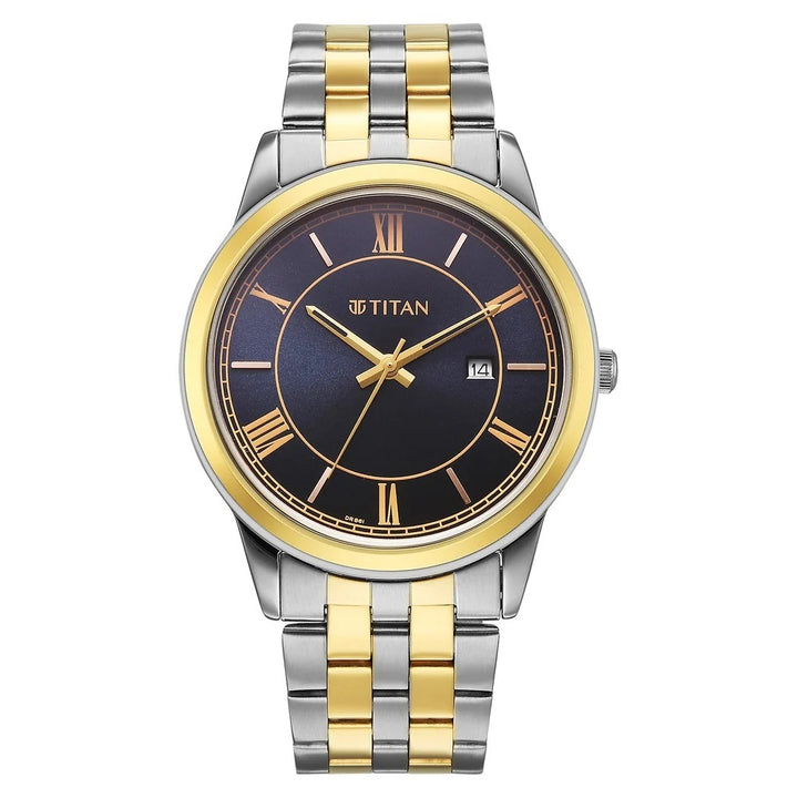 Titan Karishma Festive 42mm Royal Blue Dial Roman Numerals Date Dual-Tone Stainless Steel Bracelet Men&
