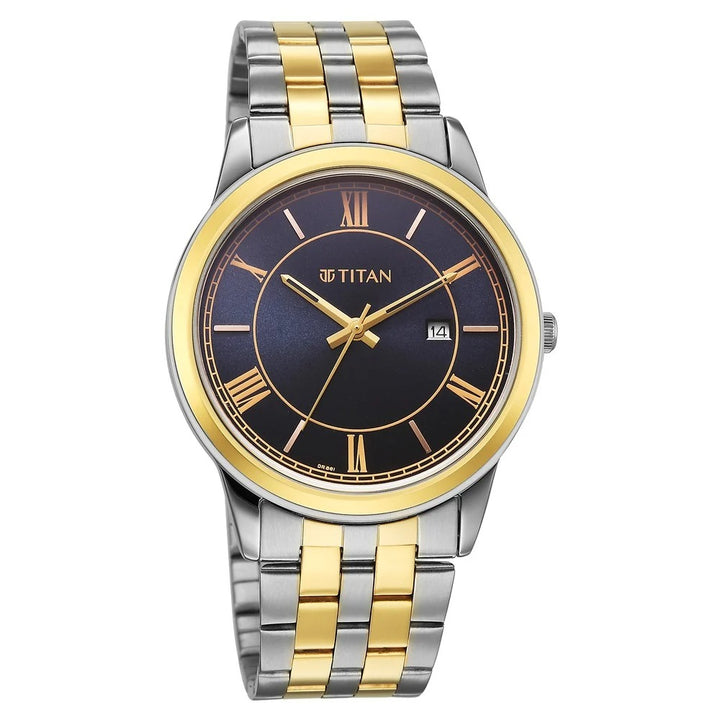 Titan Karishma Festive 42mm Royal Blue Dial Roman Numerals Date Dual-Tone Stainless Steel Bracelet Men&
