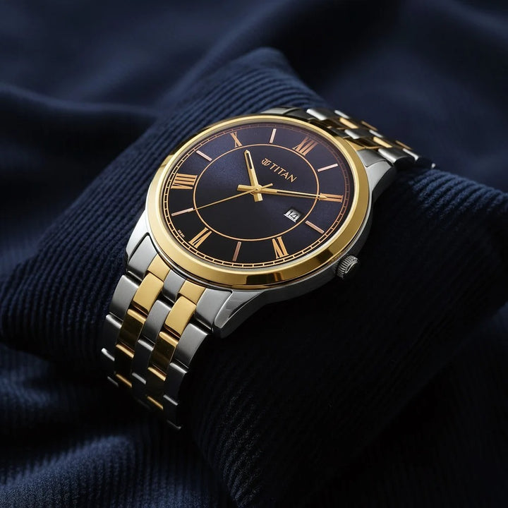 Titan Karishma Festive 42mm Royal Blue Dial Roman Numerals Date Dual-Tone Stainless Steel Bracelet Men&