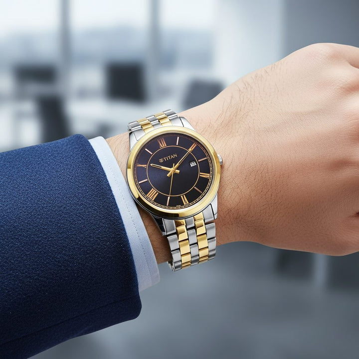 Titan Karishma Festive 42mm Royal Blue Dial Roman Numerals Date Dual-Tone Stainless Steel Bracelet Men&