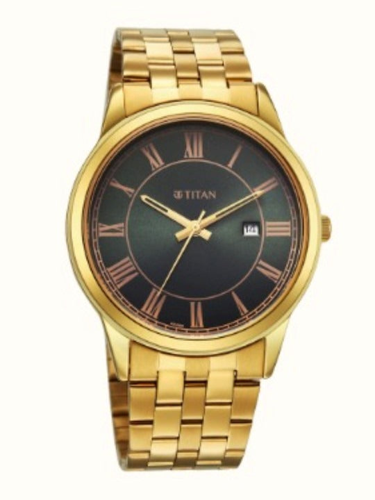 Titan Karishma Festive 42mm Green Dial Roman Numerals Date Yellow Gold Stainless Steel Bracelet Men&