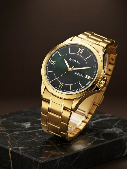 Titan Karishma Festive 42mm Green Dial Roman Numerals Date Yellow Gold Stainless Steel Bracelet Men&