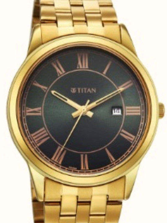 Titan Karishma Festive 42mm Green Dial Roman Numerals Date Yellow Gold Stainless Steel Bracelet Men&