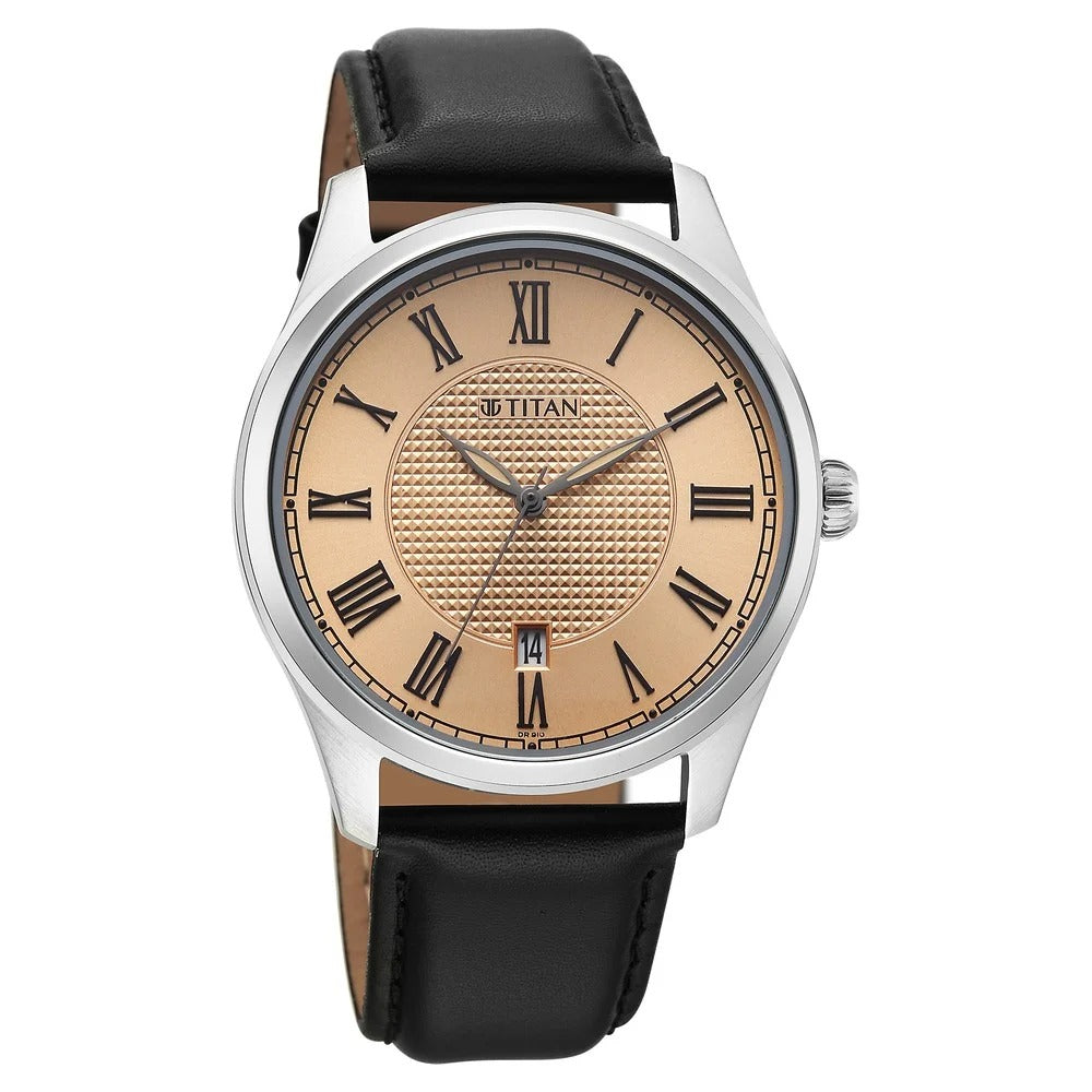 Titan Neo Roman 42mm Rose Gold Dial Roman Numerals Date Brown Leather Strap Men&
