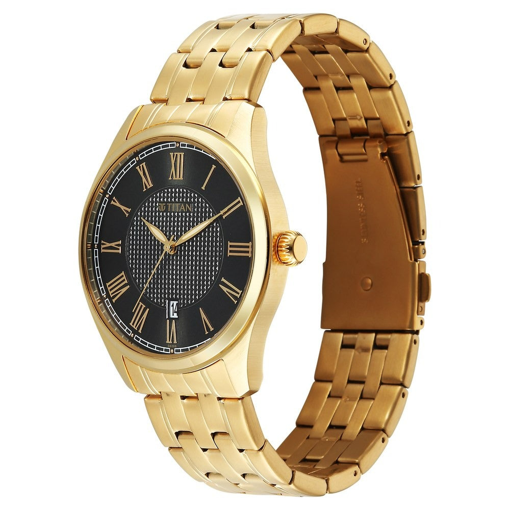 Titan Neo Roman 42mm Green Dial Roman Numerals Date Carnation Gold Stainless Steel Bracelet Men&