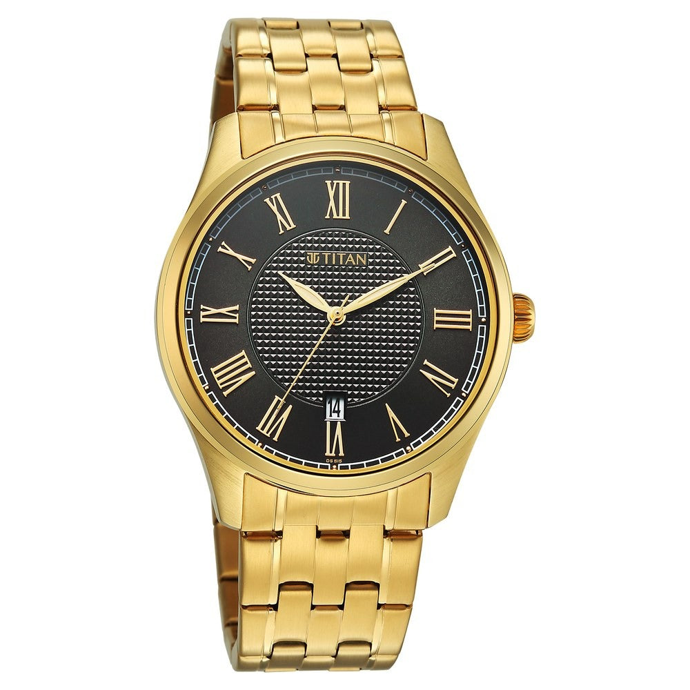Titan Neo Roman 42mm Green Dial Roman Numerals Date Carnation Gold Stainless Steel Bracelet Men&