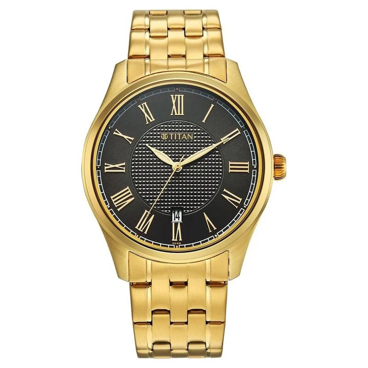 Titan Neo Roman 42mm Green Dial Roman Numerals Date Carnation Gold Stainless Steel Bracelet Men&