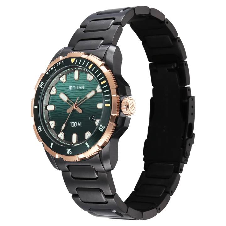 Titan Zero Hour Diver 100m 41mm Blue Dial Rotating Bezel Black Stainless Steel Bracelet Men&
