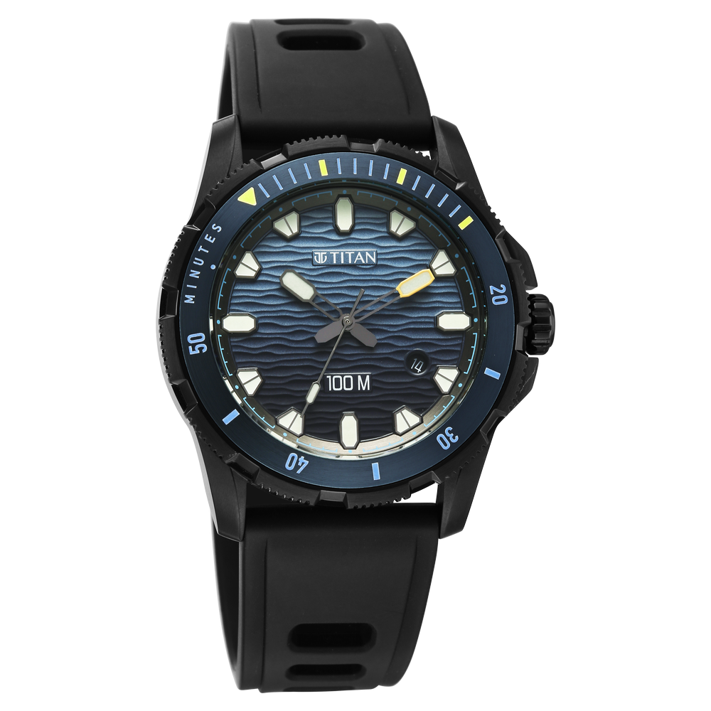 Titan Zero Hour Diver 100m 41mm Blue Dial Rotating Bezel Black Rubber Strap Men&