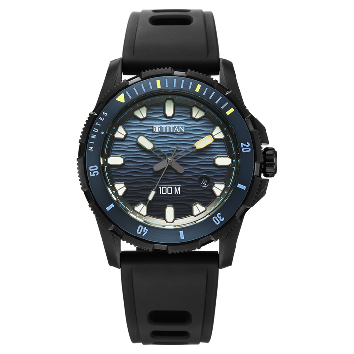 Titan Zero Hour Diver 100m 41mm Blue Dial Rotating Bezel Black Rubber Strap Men&