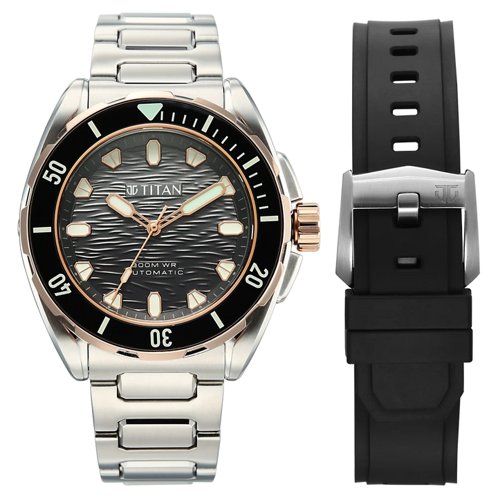 Titan Zero Hour Diver 300m Automatic 44mm Black Dial Ceramic Bezel Sapphire Crystal Silver Stainless Steel Bracelet Men&