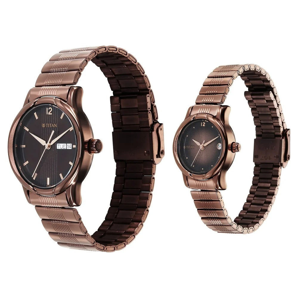 Titan Bandhan Couple Gift Set 38.6mm Brown Dial Date Stainless Steel Bracelet 15802490QM01
