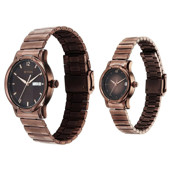 Titan Bandhan Couple Gift Set 38.6mm Brown Dial Date Stainless Steel Bracelet 15802490QM01