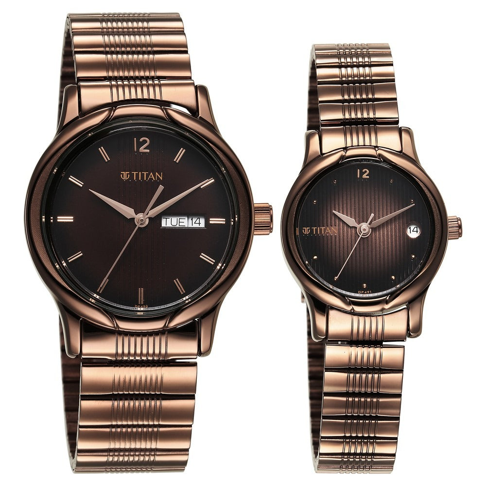 Titan Bandhan Couple Gift Set 38.6mm Brown Dial Date Stainless Steel Bracelet 15802490QM01