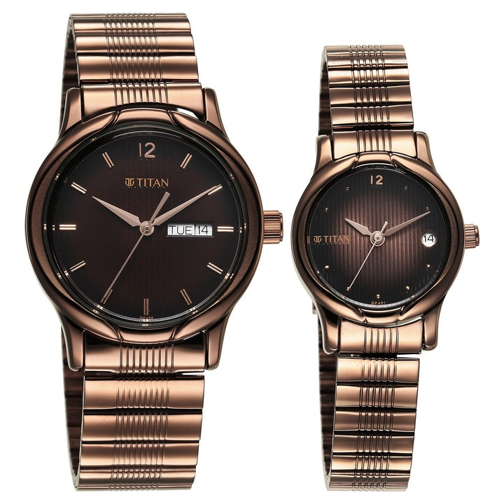 Titan Bandhan Couple Gift Set 38.6mm Brown Dial Date Stainless Steel Bracelet 15802490QM01