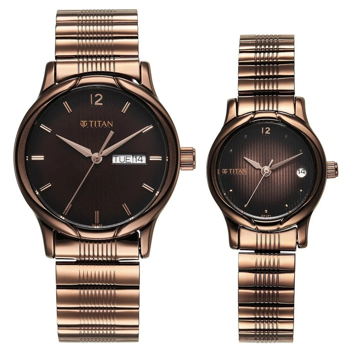 Titan Bandhan Couple Gift Set 38.6mm Brown Dial Date Stainless Steel Bracelet 15802490QM01