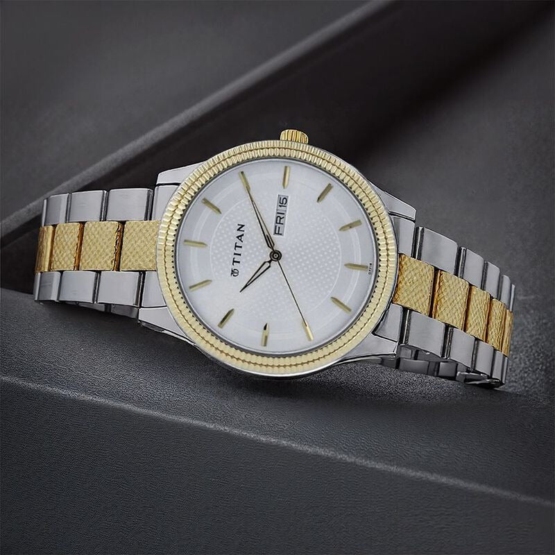 Titan Karishma 40mm Silver Dial Day Date Dual-Tone Stainless Steel Bracelet Men&