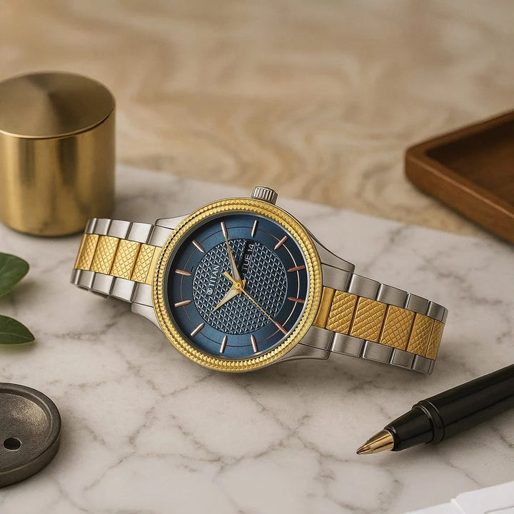 Titan Karishma Wedding Edit 40mm Blue Dial Day Date Stainless Steel Bracelet Men&