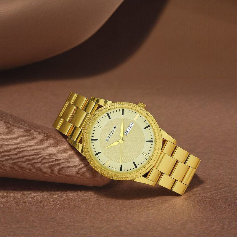 Titan Karishma 40mm Golden Dial Day Date Gold Stainless Steel Bracelet Men&