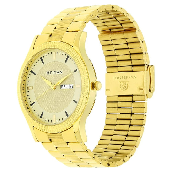 Titan Karishma 40mm Golden Dial Day Date Gold Stainless Steel Bracelet Men&