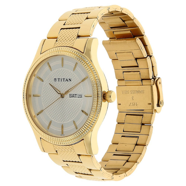 Titan Karishma 40mm Silver Dial Day Date Gold Stainless Steel Bracelet Men&