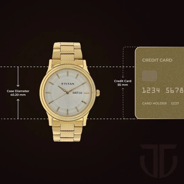 Titan Karishma 40mm Silver Dial Day Date Gold Stainless Steel Bracelet Men&