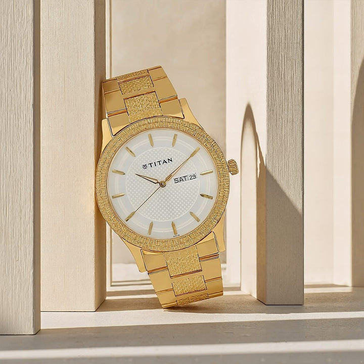 Titan Karishma 40mm Silver Dial Day Date Gold Stainless Steel Bracelet Men&